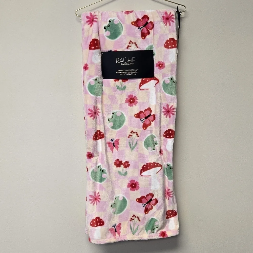 Rachel Roy Frog Mushroom Oversized Plush Throw Blanket Pink Green